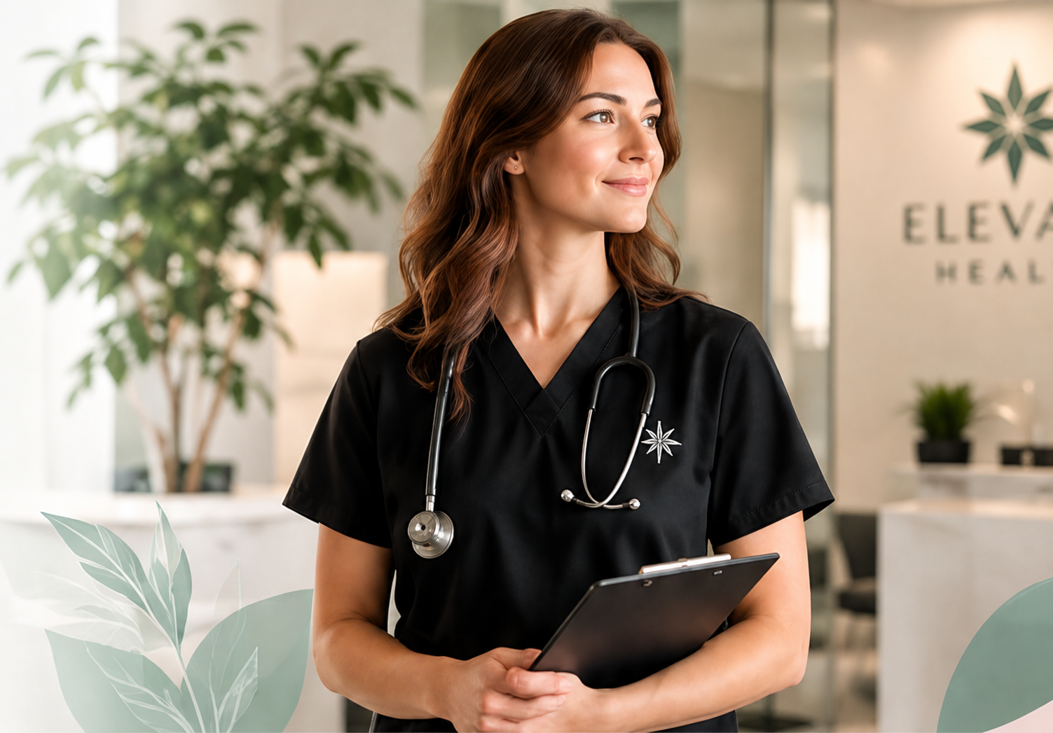A warm, welcoming Elevate Health physician in a bright, plant-filled clinic
